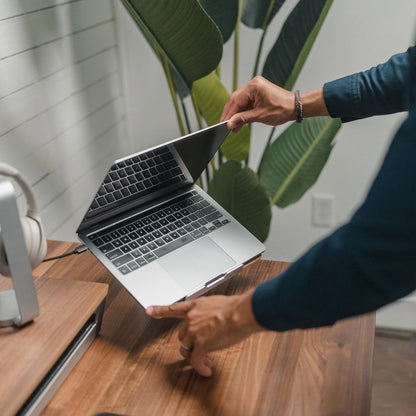 HumanCentric Laptop Riser for Desk in Black Walnut Wood Top and Space Gray Aluminum Base, Compatible with MacBook and Other Laptops Up to 16 Inches, Ergonomic Computer Holder, 25-Degree Angle Tilt