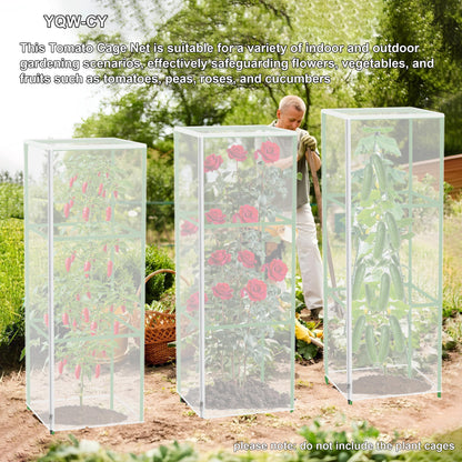 Garden Bird Netting Plant Cover for Square Tomato Cage, 59" x 17.7" Insect Barrier Tomato Cage Net with Zipper and Drawstring, Tomato Trellis Netting Protection Cover for Protecting Plant (3 Pack)
