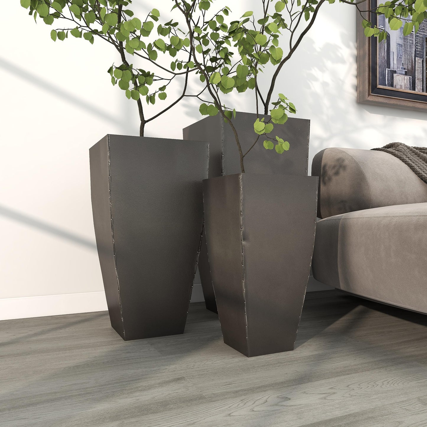 Deco 79 Metal Indoor Outdoor Planter Large Planter Pot with Tapered Base, Set of 3 Planters 20", 25", 30"H, Dark Gray