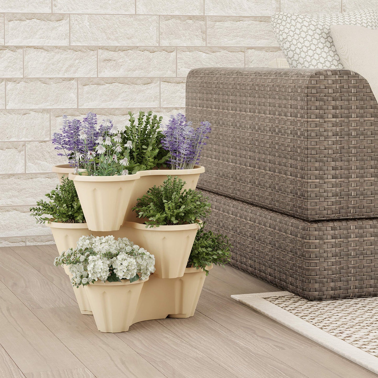 Set of 3 Stacking Planter Tower - 3-Tier Space Saving Flower Pots - Indoor/Outdoor Vertical Herb and Vegetable Planter by Pure Garden (Sand Stone)