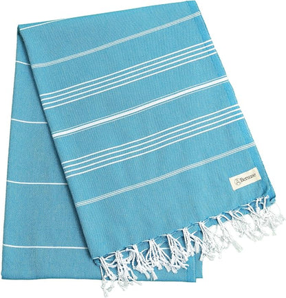 Bersuse Towels Anatolia XL Beach Blanket Throw Blanket Turkish Towel 100% Cotton Extra-Large Quick-Dry Lightweight Premium Peshtemal Towel - 61x82 Inches, Sea Blue (Set of 6)