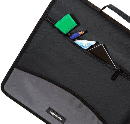 Amazon Basics Durable 3 Ring Binder with Zipper and Strap, Multiple Pockets, Sturdy Storage for School and Office, 3 inch, Black