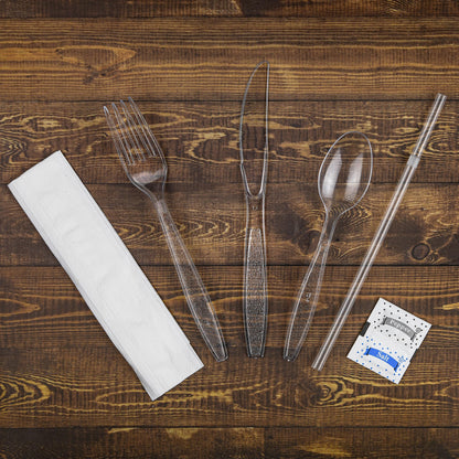 KitchenDine 100 pack | Clear Heavy Duty Plastic Disposable Cutlery Set | 6 in 1 Utensil Set with Fork, Spoon, Knife, Napkin, Straw, Salt/Pepper Packets