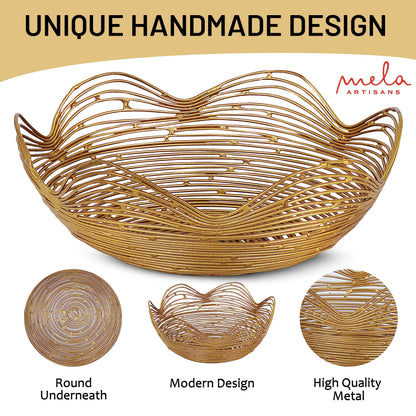 Mela Artisans 12 in Wide x 6 in Tall Gurez Valley Gold Metal Fruit Basket – Decorative Gold Wire Fruit Bowl for Kitchen Counter, Snacks, Flowers and Home Decor