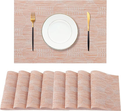 Leetaltree Coral Placemats Set of 8 - Heat Resistant Non-Slip Place mats for Dining Table, Washable Durable PVC Vinyl Woven Table Mats（Coral, 8）