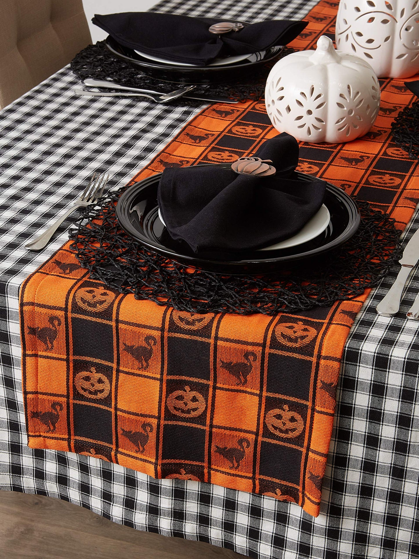 DII Halloween Party Tabletop Decor, Reusable & Machine Washable Cotton Fabric, Table Runner, 14x72, Orange & Black Buffalo Check