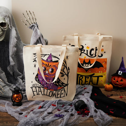 JOYIN 3PCS 13.75” Large Halloween Tote Treat Bags for Trick or Treating, Halloween Goodie Candy Bags, Reusable White Canvas Gift Bag for Kids Party Favor Supplies, Snack Grocery Tote with Handles