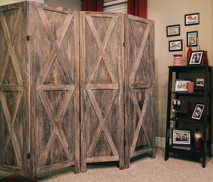 Premium Home 4-Panel Room Divider – Rustic Brown Barn Door, X Pattern Folding Privacy Screen, Partition Wall