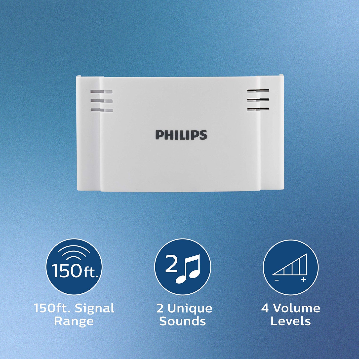 Philips Wireless Doorbell Kit, Plug-In Reciever, 2 Push Buttons, 8 Melodies, 4 Volume Levels, 150 Ft Range, White, DES2280W/27