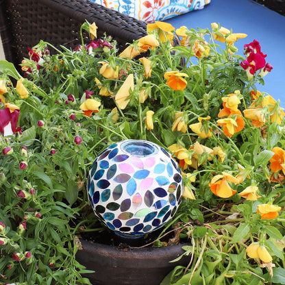 Sunnydaze Mosaic Glass Plant Watering Globe with Clay Spike - Decorative Self-Watering Planter Insert - Water Dripper for Plants - 9.5" - Spring Petals