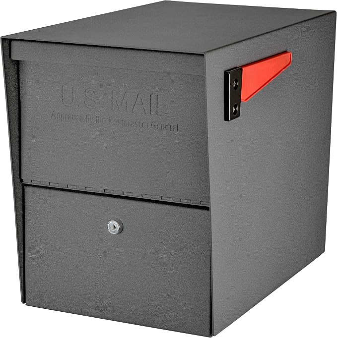 Mail Boss 7205 Package Master Curbside Locking Security Mailbox | Granite 21.5 x 12 x 16.5 inches & Hillman 843445 Reflective Adhesive Mailbox Number Pack, 3'', Black and White