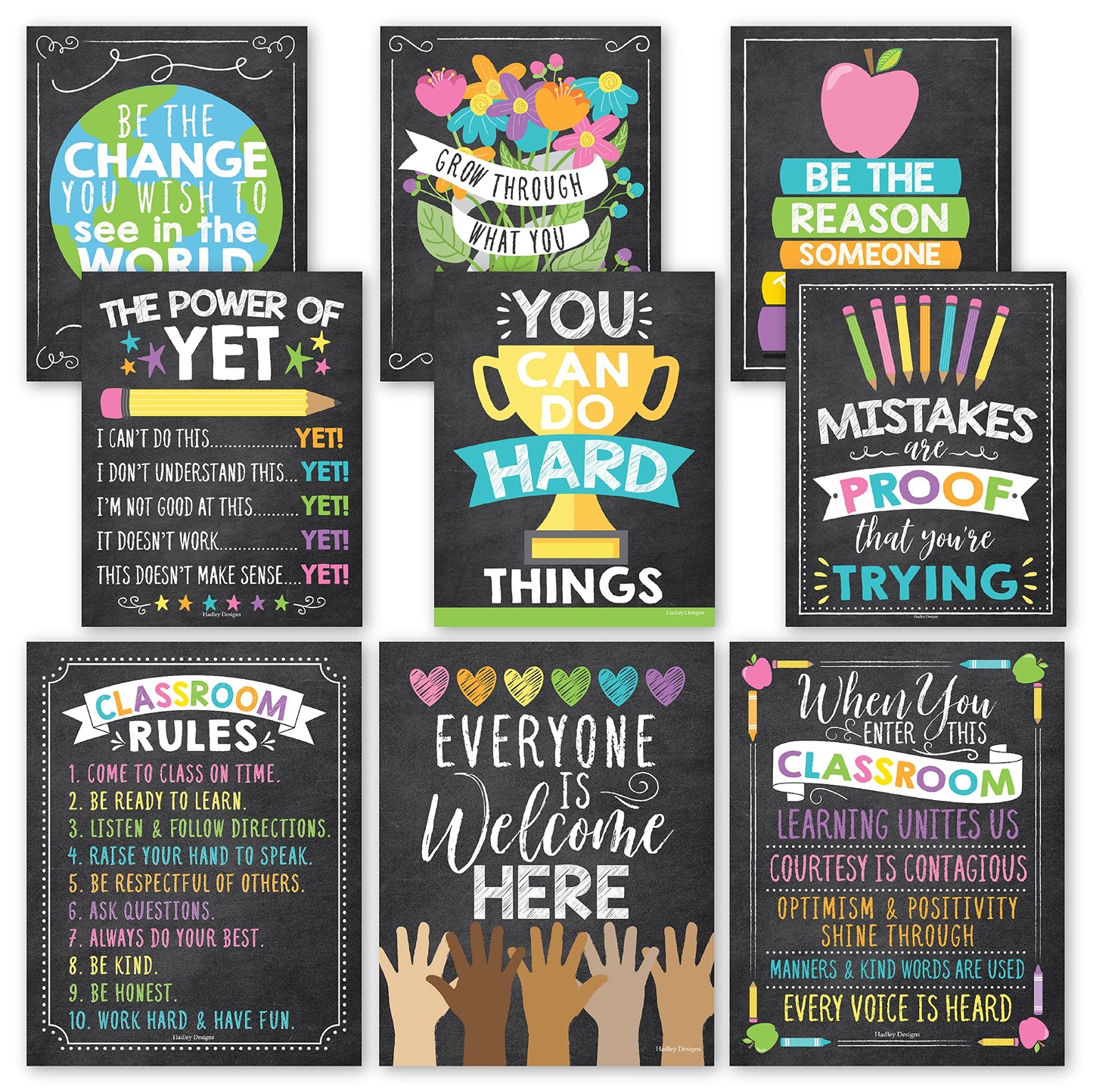 Hadley Designs Motivational Posters for Classroom Decor -9 Growth Mindset Classroom Posters Elementary, Positive Poster Middle School, Inspirational Wall Art, Chalkboard Teacher Bulletin Board Decor