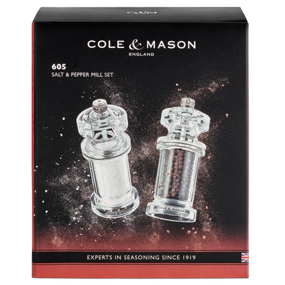 Cole & Mason 605 Refillable Spice Mill - Kitchen & Home Accessory - Salt & Pepper Grinder Set - Salt & Peppercorn Included - Acrylic - New Salt & Pepper Set 5.5"