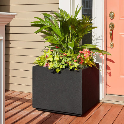 PolyStone Monterray Modern Outdoor/Indoor Square Planter - 23" x 23" x 19" H - Lightweight Weather Resistant Stone-Look Resin Planter - Commercial & Residential - Black