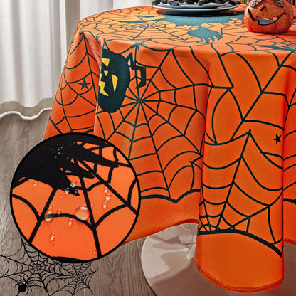 MikiUp Round Halloween Tablecloth - Spider Web Decorative Holiday Table Cloth, Waterproof and Washable Table Cover for Party Kitchen Dining Room Indoor, Cobweb/Orange 60 Inch