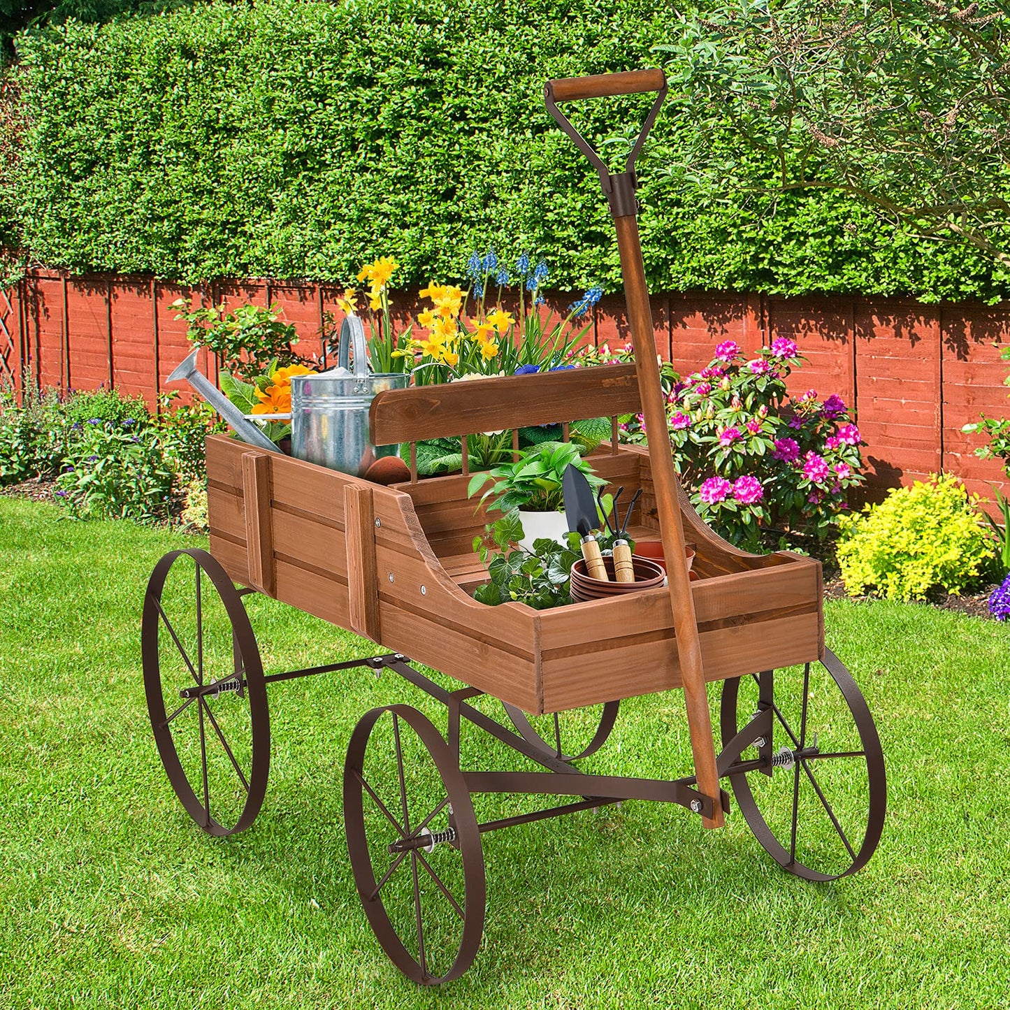 Aurcs Wooden Wagon Planter, Garden Wagon Cart Planter Pot Stand w/ 2 Planting Section, Adjustable Handle, Rolling Wheels, Planter Box Display for Succulent, Flowers, Vegetables (Natural)