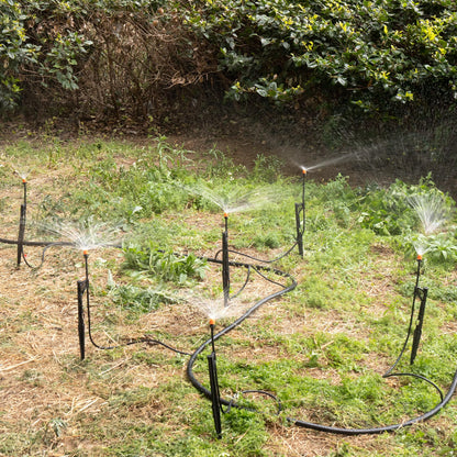 20 Sets 180 Degree Irrigation Sprinkler Heads with Stake Drip Micro Spray Emitters with 1/4" Irrigation Tubing on Riser Stake Micro Spray Sprinkler Stake Assembly for Garden Watering System