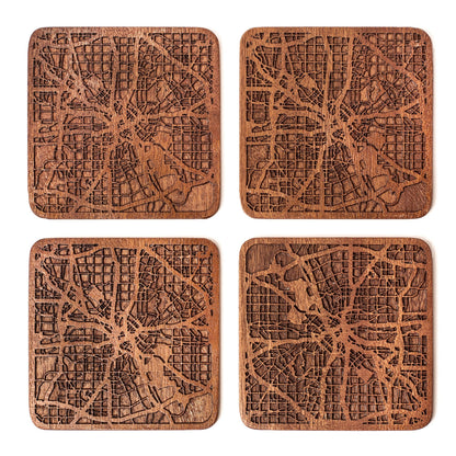 Dallas Map Coaster by O3 Design Studio, Set Of 4, Sapele Wooden Coaster With City Map, Handmade