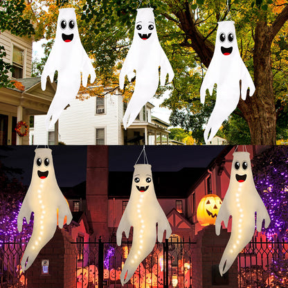 3PCS 43 Inch Halloween Lighted Hanging Ghost Windsocks Hanging Decorations for Tree, Fall LED Flag Wind Socks for Home Yard Outdoor Autumn Decor Party Supplies (Batteries Not Included,No Timer)