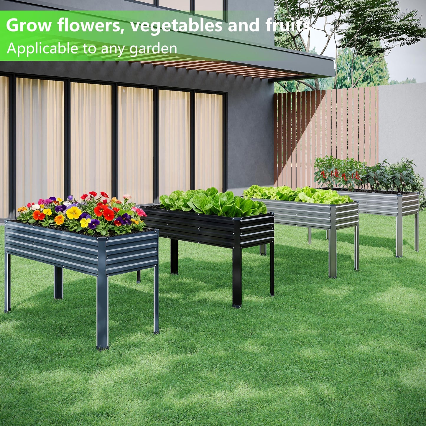 Vengarus Galvanized Raised Garden Bed Outdoor with Legs,48×18×30in Metal Elevated Raised Planter Box for Backyard, Patio, Balcony, 300lb Capacity,Black(2PCS)