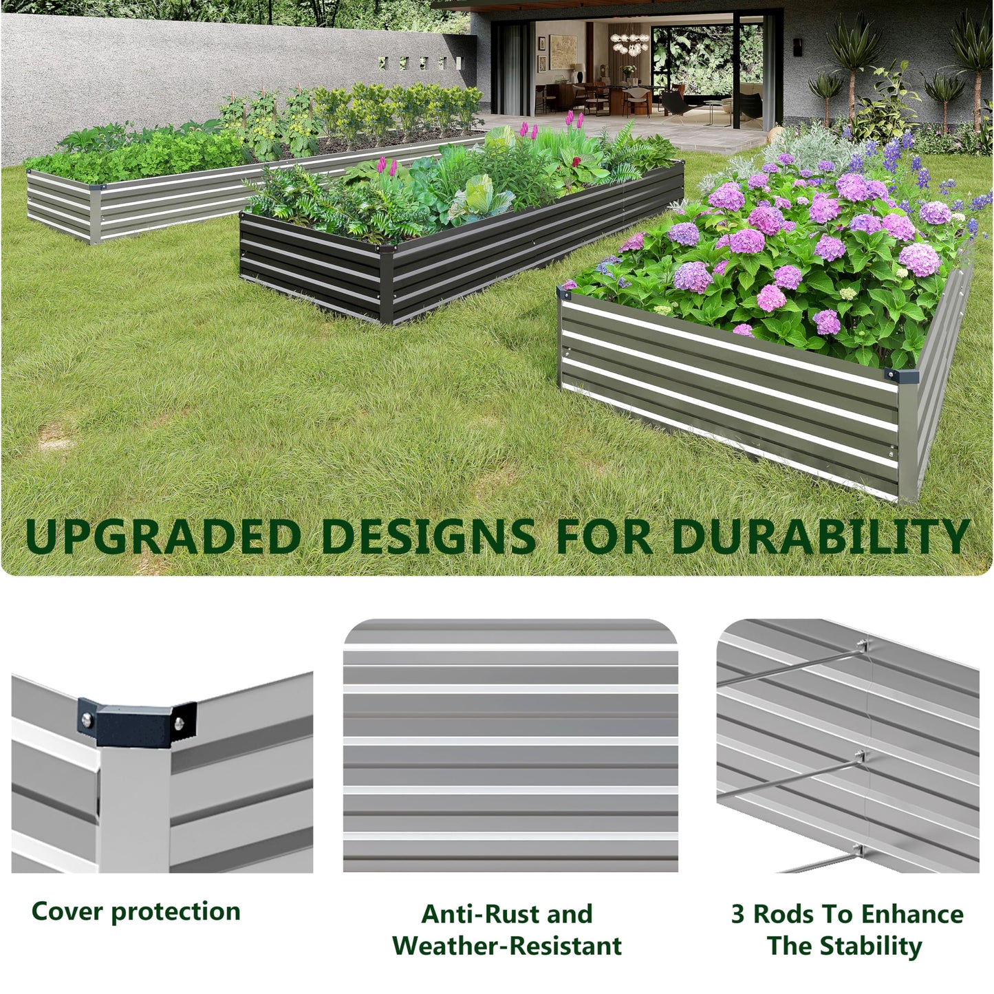 Henshwon 2PCS 12x3x1ft Galvanized Raised Garden Bed Kit,Metal Planter Box for Vegetables,Flowers,Herbs Durable Rust-Resistant Patio Gardening Beds,Silver