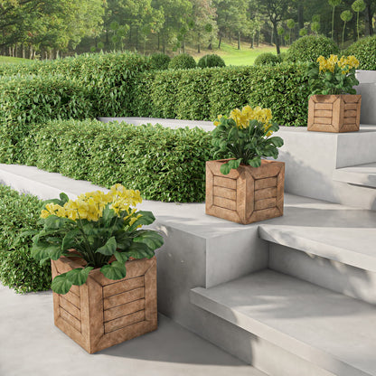 Pure Garden Plant Pots - Wood-Look Planter Set of 3-15.7”, 12.7” and 10” Square Large Outdoor Planters - Rustic Flower Pots Outdoor (Brown)
