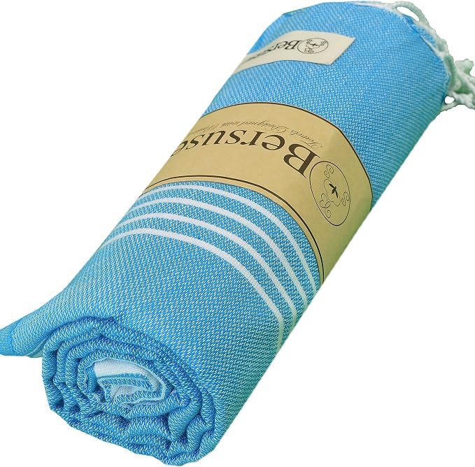 Bersuse Towels Anatolia XL Beach Blanket Throw Blanket Turkish Towel 100% Cotton Extra-Large Quick-Dry Lightweight Premium Peshtemal Towel - 61x82 Inches, Ocean Blue (Set of 3)