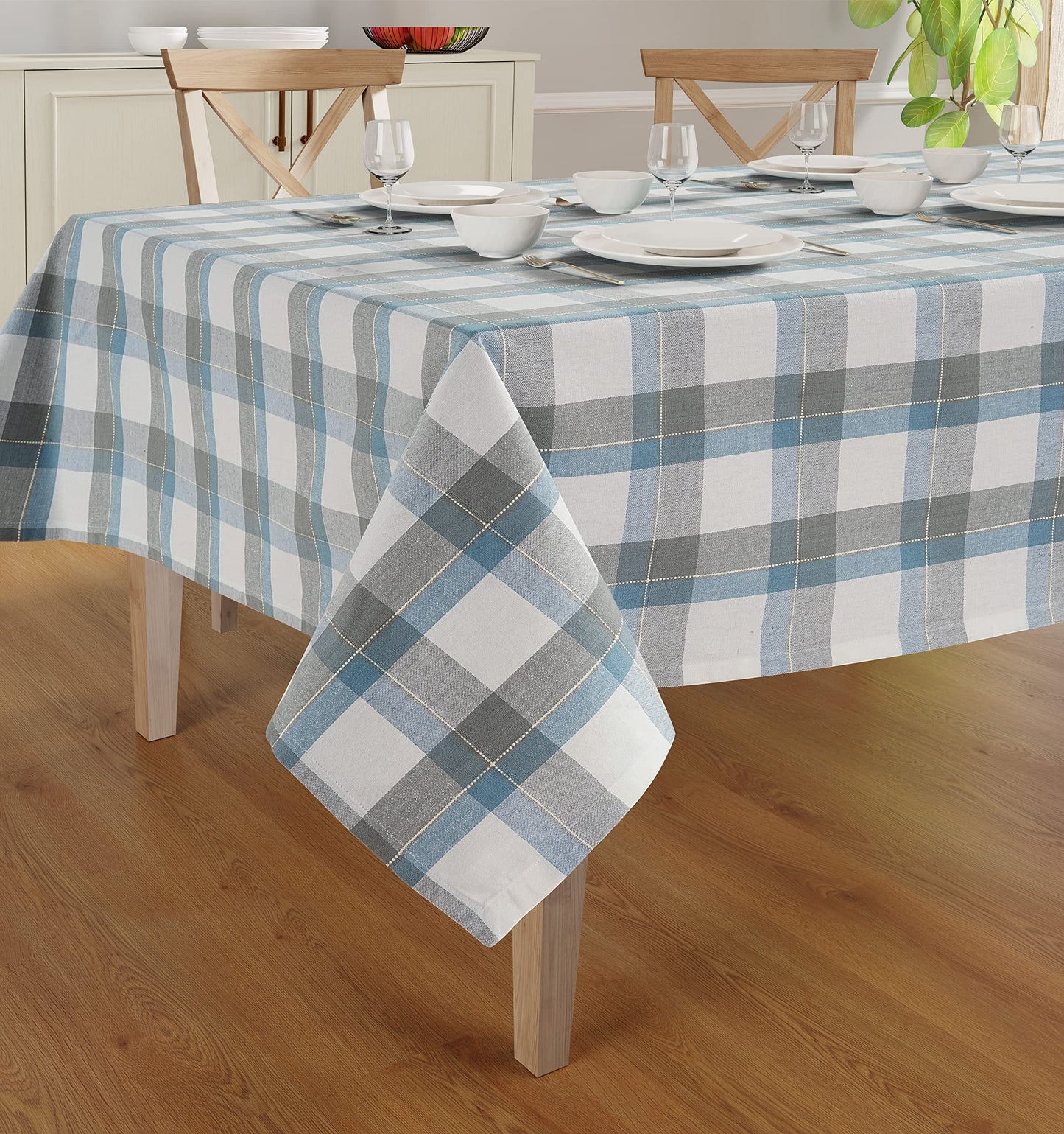 Casa De Lan Rectangle Table Cloth - Table Cover - Cotton Mitered Stitched - Checks Table Covers for Kitchen Dining, Wedding, Decorations, & Parties - 60x104 in - Blue Tartan