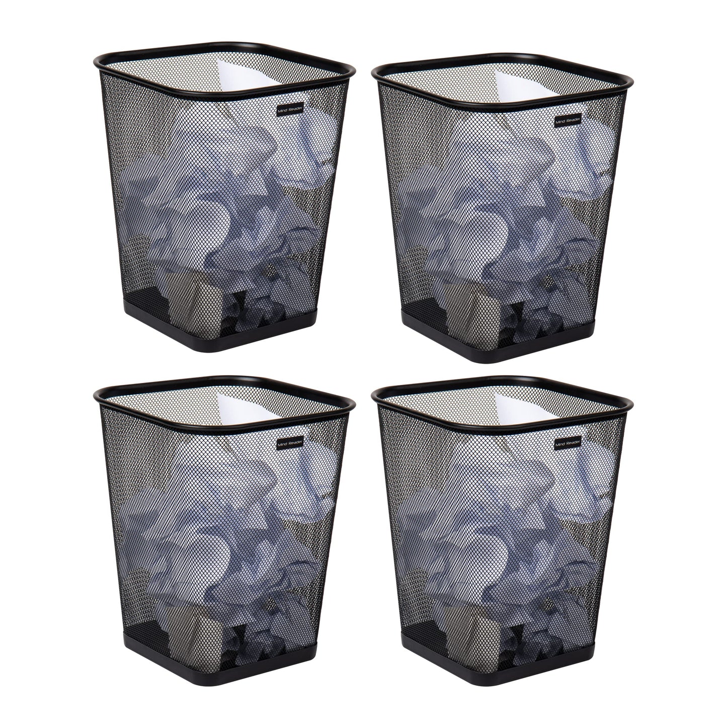 Mind Reader Mesh Trash Can, Waste Paper Basket, Square, Office, Metal Mesh, 9.75" L x 9.75" W x 12.25" H, Set of 4, Black