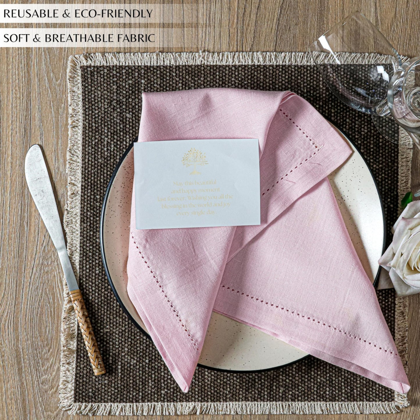 Ramanta Home Pink Cloth Dinner Napkin Set of 12-18x18 Inch, Easter Premium Cotton Linen Flax Hemstitched Napkins for Spring Decor Wedding, Party, Kitchen | Soft Durable Washable for Everyday Use