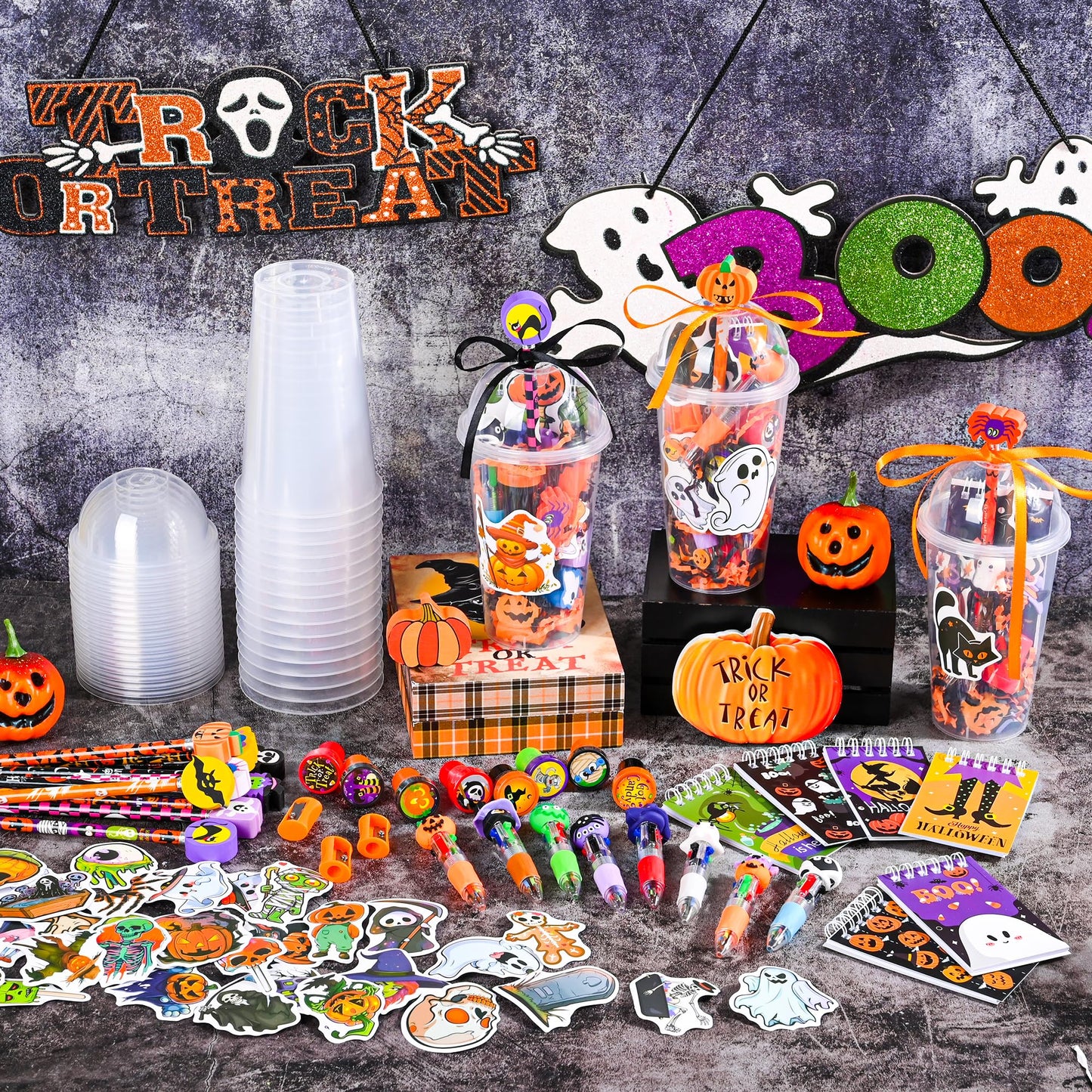 LiYiQ 247 Pcs Halloween Party Favors Return Gifts for Party, Student Stationery Gifts from Teacher, Pencil Erasers Notebooks Stickers for Classroom Birthday Goodie Bags Rewards Prizes