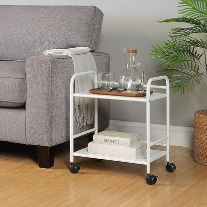SunnyPoint 2-Tier Metal Rolling Utility Cart – Mobile Storage Shelf with Caster Wheels – Small Space Organizer for Home, Office, Bedroom, Kitchen (WHT)