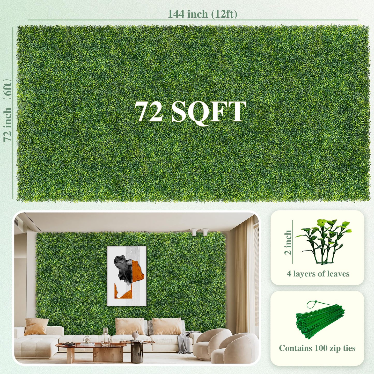 ODTORY Artificial Boxwood Roll Panels: 6 ft x 12 ft (72 sq ft) UV-Resistant Green Grass Wall Decor, Faux Ivy Privacy Fence Screen for Indoor and Outdoor, Garden, Home Decor