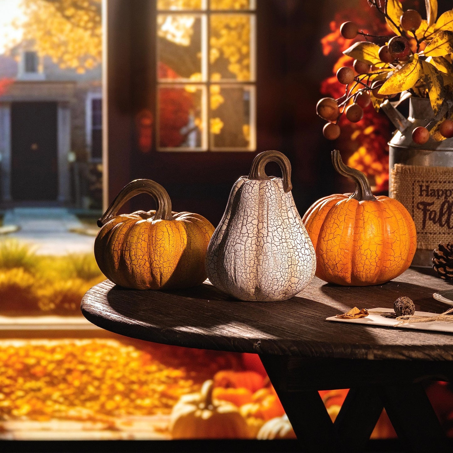 Valery Madelyn Fall Pumpkin Table Decor Cracked Pumpkin Figurine Fall Decoration for Home, 3pcs Resin Autumn Harvest Thanksgiving Halloween Party Tabletop Centerpieces, 6.7 inch