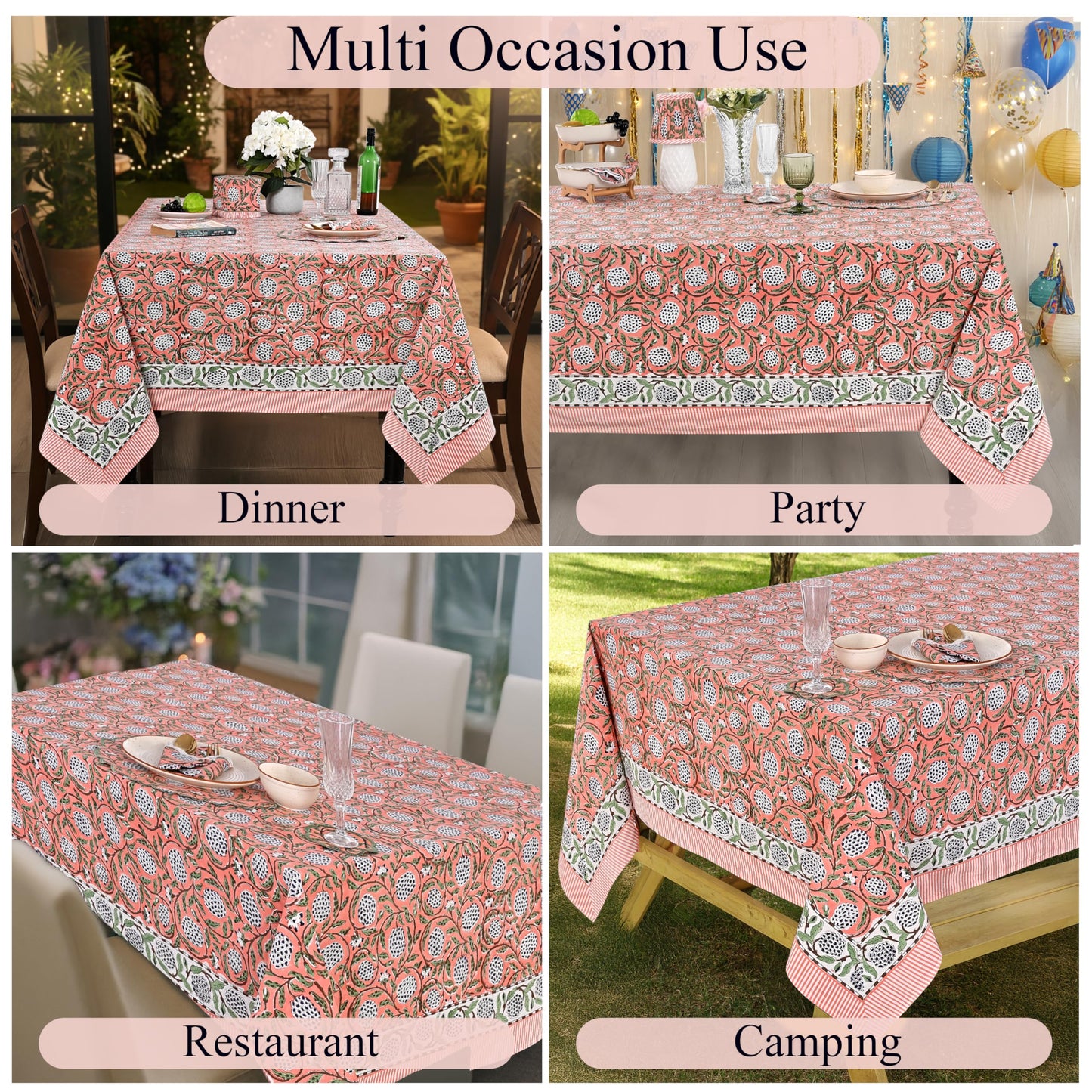 Ridhi Dark Salmon Pink Hand Block Print Cotton Rectangle Tablecloth 60" x 60" inches Reusable Table Cover Decorative Everyday Use for Dining Room, Farmhouse, Home Gift for Spring, Mother's Day