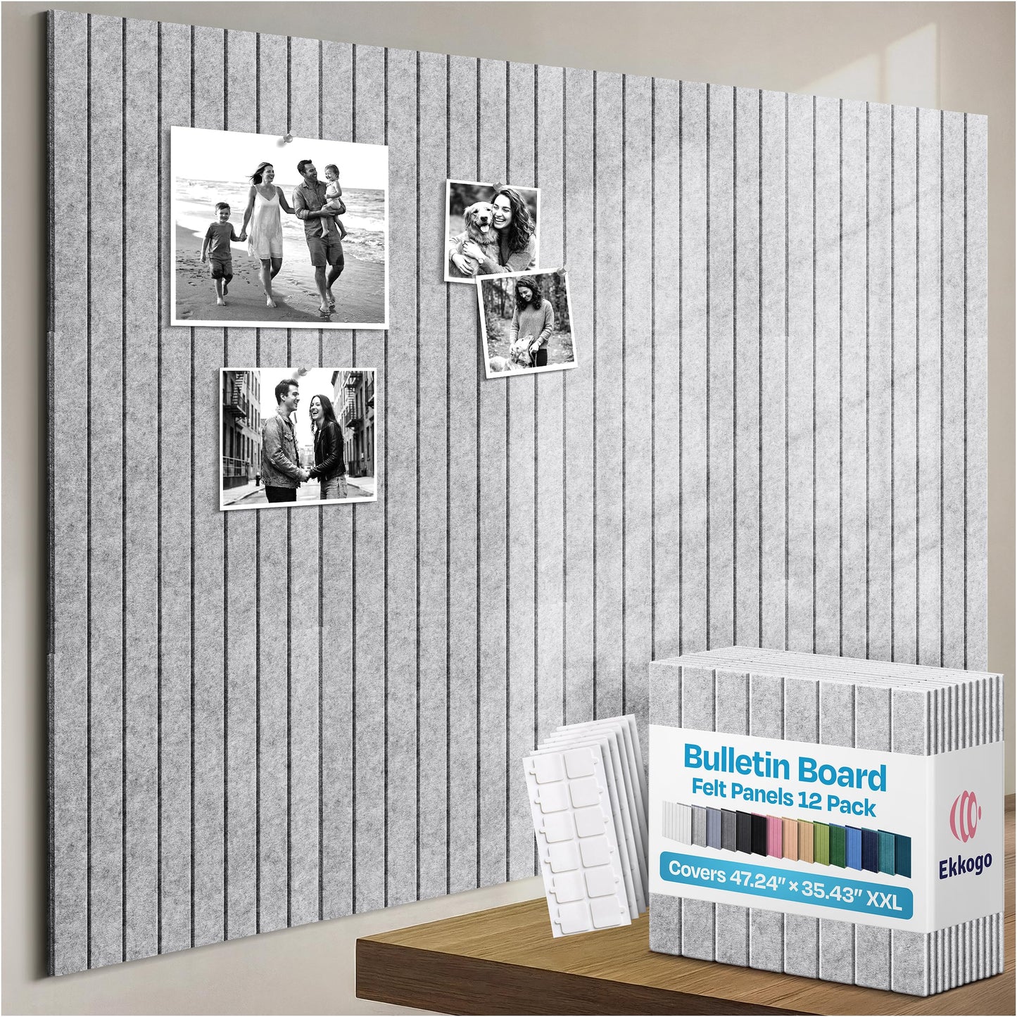 Ekkogo X-Large Cork Board Alternative 12-Pack Felt Bulletin Board Thick and Decorative Pin Board for Home Office Walls 47.24 x 35.43 Inches with 72 Adhesive Tabs - [Smoky White]