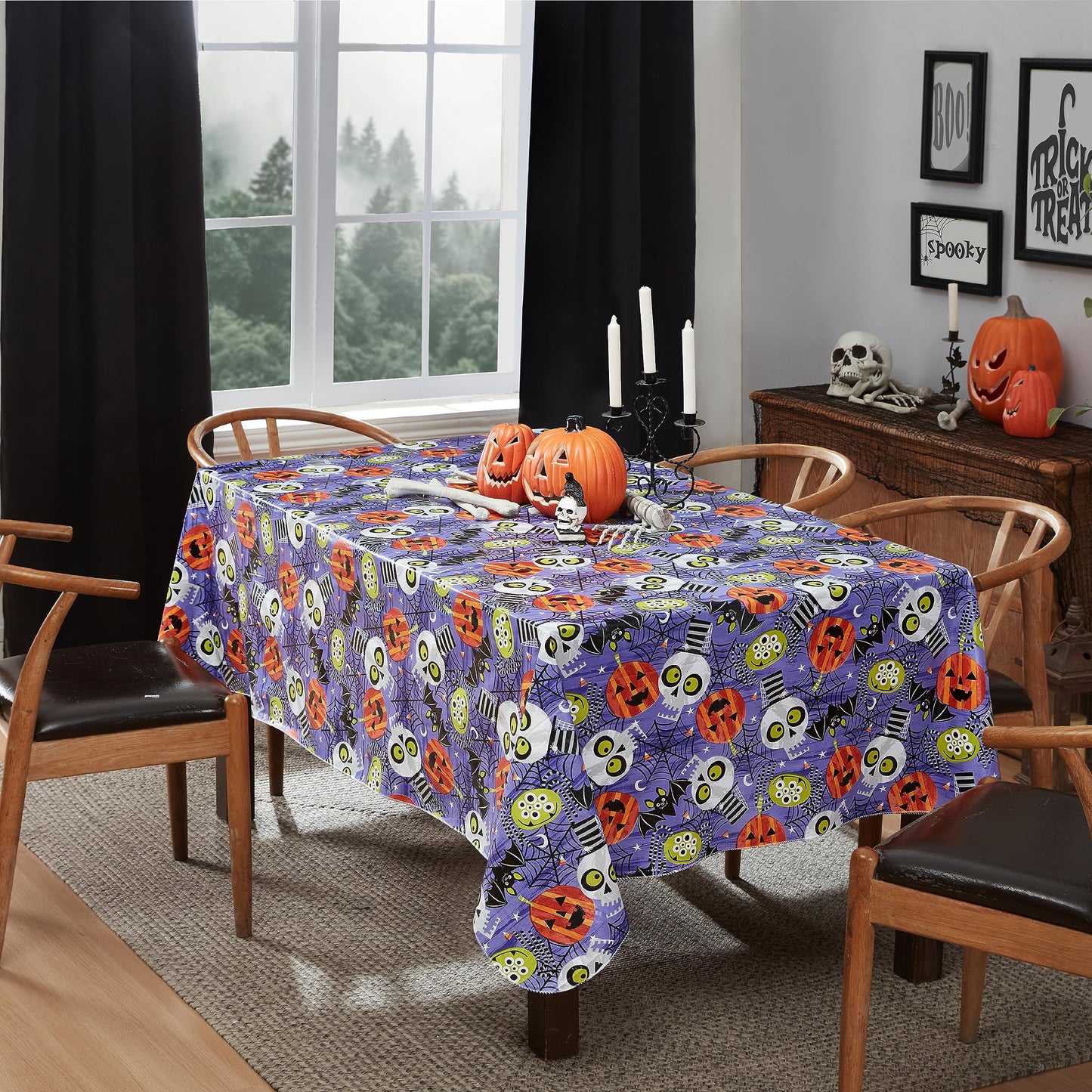 Newbridge Halloween Whimsical Ghoulish Gang 52 x 52 Inch Square Vinyl Tablecloth with Flannel Backing, Fun Skulls and Pumpkin Design, Easy Care Wipe Clean Halloween Table Cover
