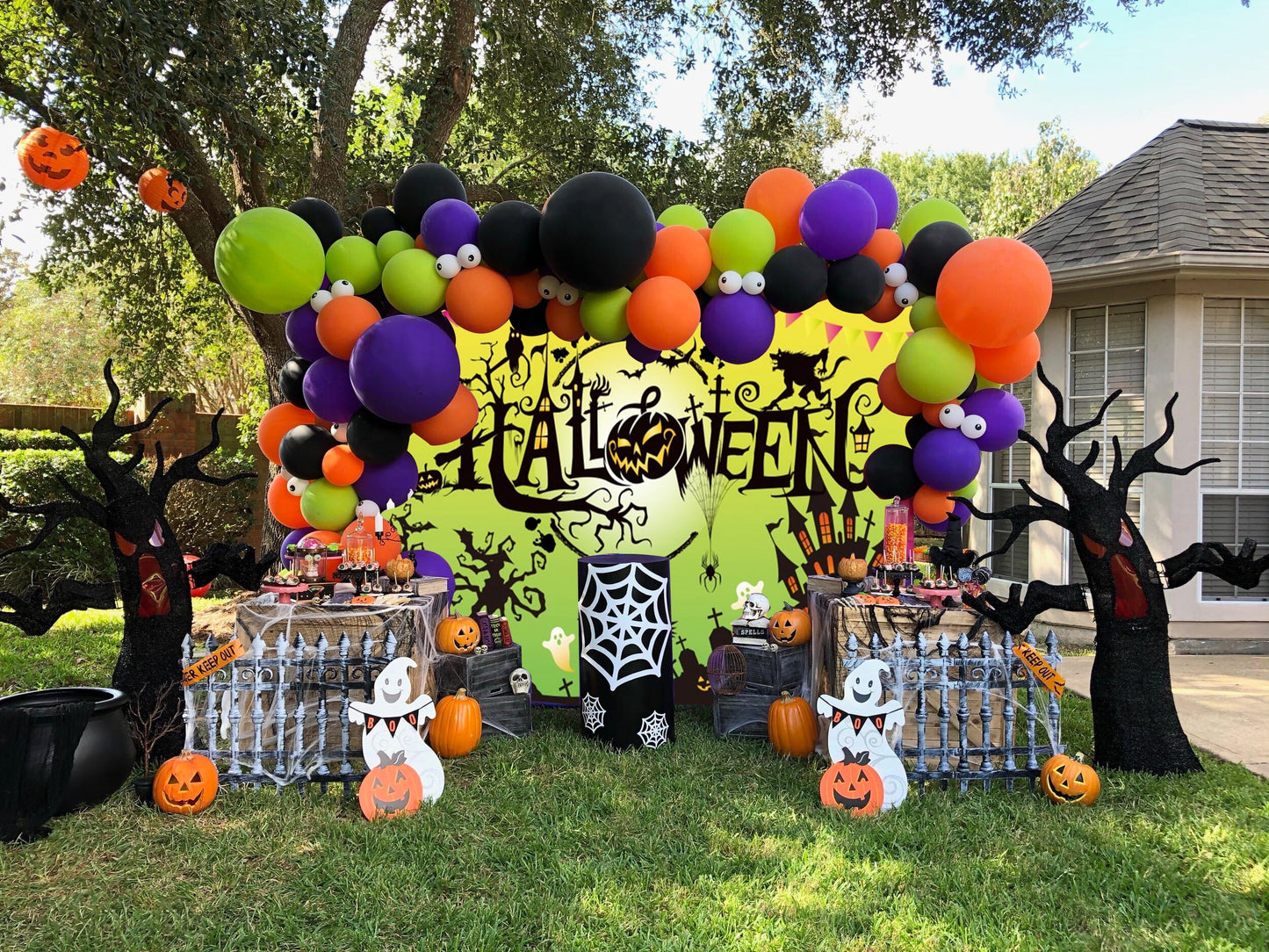 Happy Halloween Backdrop 10x8ft Green Halloween Party Backdrop Haunted Castle Ghost Scary Graveyard Pumpkin Lantern Witch Photo Background Spooky Party Decoration Banner