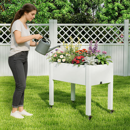 WTFGO Elevated Raised Garden Bed with Wheels - Outdoor Mobile Resin Planter Box with Drainage Holes for Vegetables Flower Herbs, Weather Resistant, White (26.3" h)
