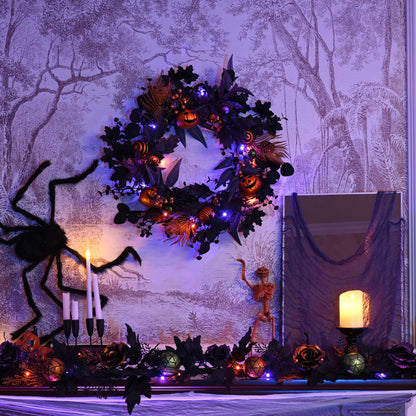 Valery Madelyn Collapsible Halloween Wreath for Front Door with Lights, 24 Inch Pre-Lit Jack-o'-Lantern Pumpkin Wreath Halloween Decorations for Centerpiece Window Indoor Party Holiday Wall Home Decor