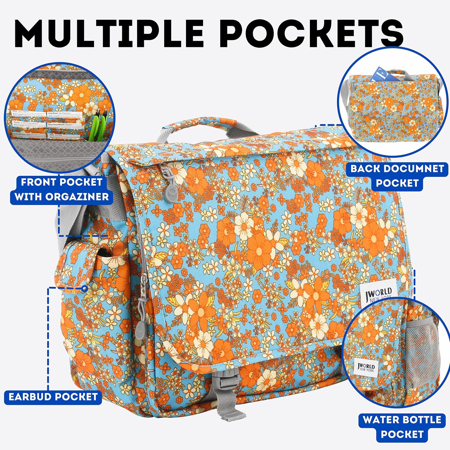 J World New York Thomas Laptop Messenger Bag for Women & Men. Girls Computer Bookbag, Retro Bloom