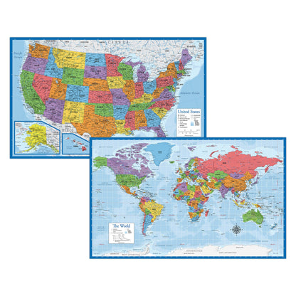 Laminated World Map & US Map Poster Set - 18" x 29" - Wall Chart Maps of the World & United States - Made in the USA - (LAMINATED, 18" x 29")