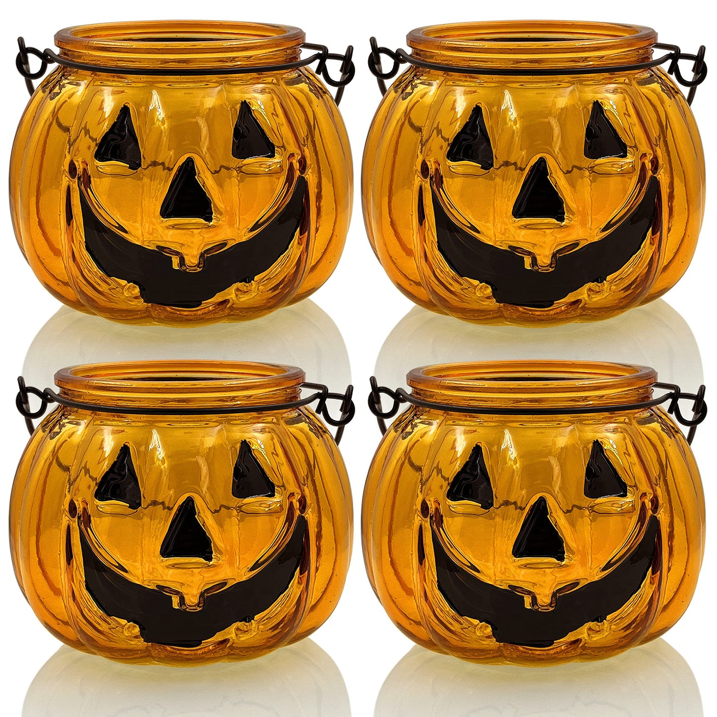 Halloween Candle Holders Set of 4, SHMILMH Tealight Votive Candle Holders with Grimace, Metal Hanging Pumpkin Jack O Lanterns Decorative Halloween Table Centerpiece Orange