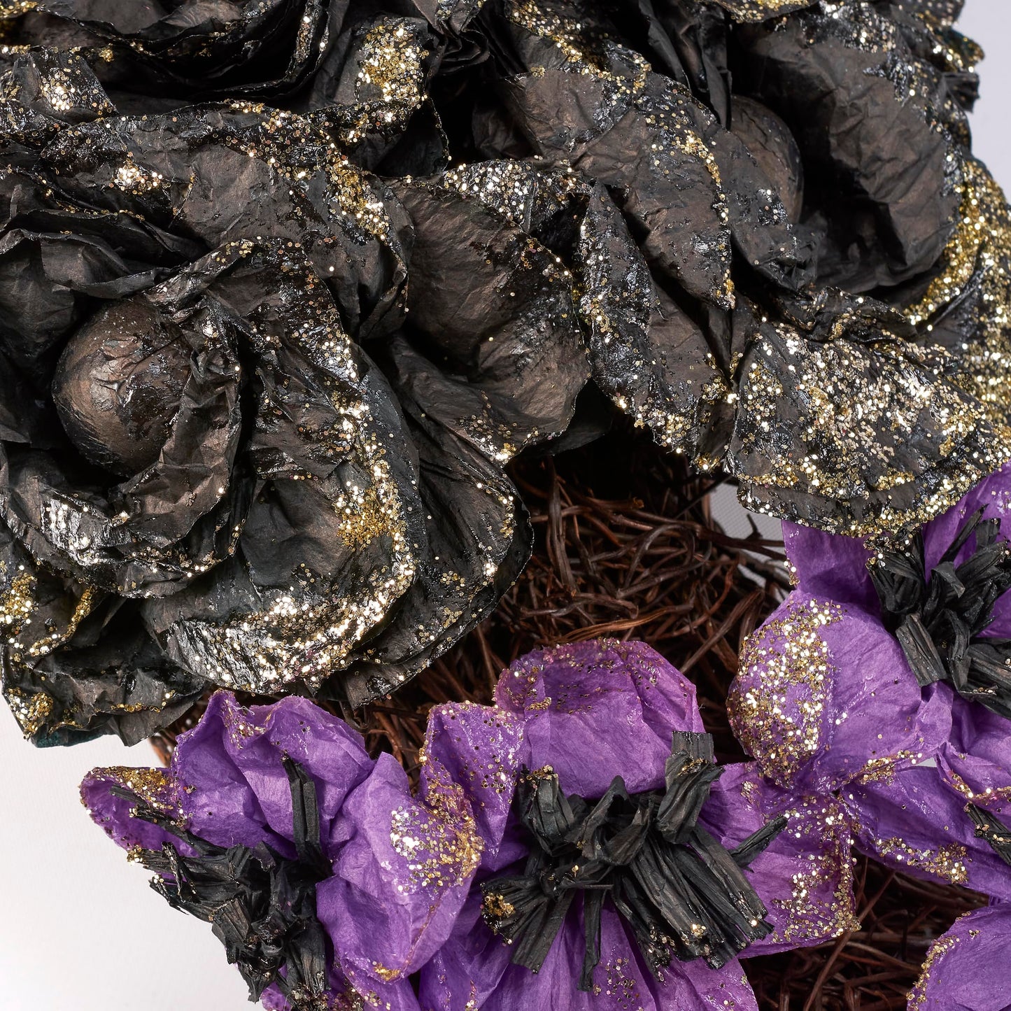 Primitives by Kathy Moody Moon Wreath - 14" x 17" Seasonal Halloween Decor, Rattan Crescent with Black and Purple Faux Florals, Gold Glitter Details, and Gold Spider