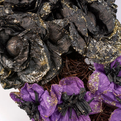 Primitives by Kathy Moody Moon Wreath - 14" x 17" Seasonal Halloween Decor, Rattan Crescent with Black and Purple Faux Florals, Gold Glitter Details, and Gold Spider