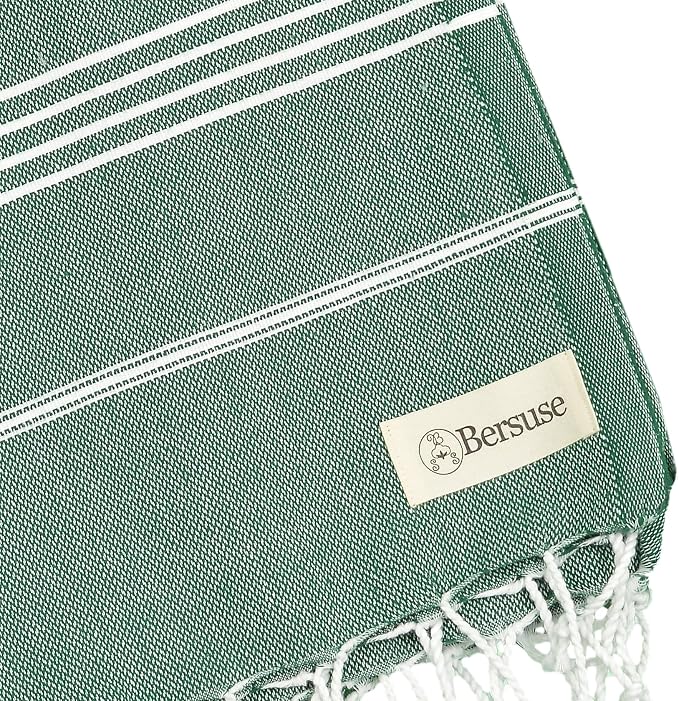 Bersuse Towels Anatolia XL Beach Blanket Throw Blanket Turkish Towel 100% Cotton Extra-Large Quick-Dry Lightweight Premium Peshtemal Towel - 61x82 Inches, Forest Green