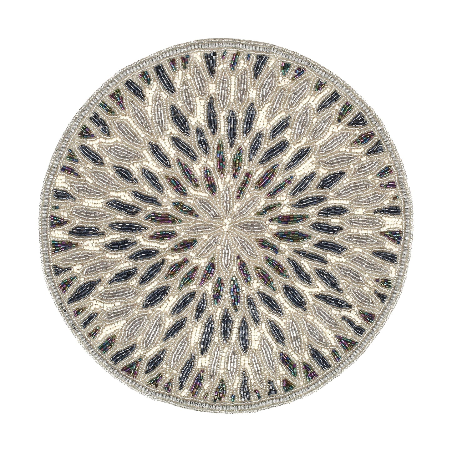 Beaded Charger 13" Round Floral Marigold - Silver Dark Grey Placemat for Dining Table, Holiday & Christmas