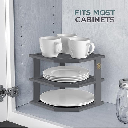 Grey Plate Organizer for Cabinet - 3 Tier Gray Bamboo Corner Cabinet Organizer Shelf for Plates Bowls Mugs Cups, Kitchen Cabinet Organizer, Cabinet Shelf Organizer, Countertop Rack, 10 x 10 x 9.5 Gray