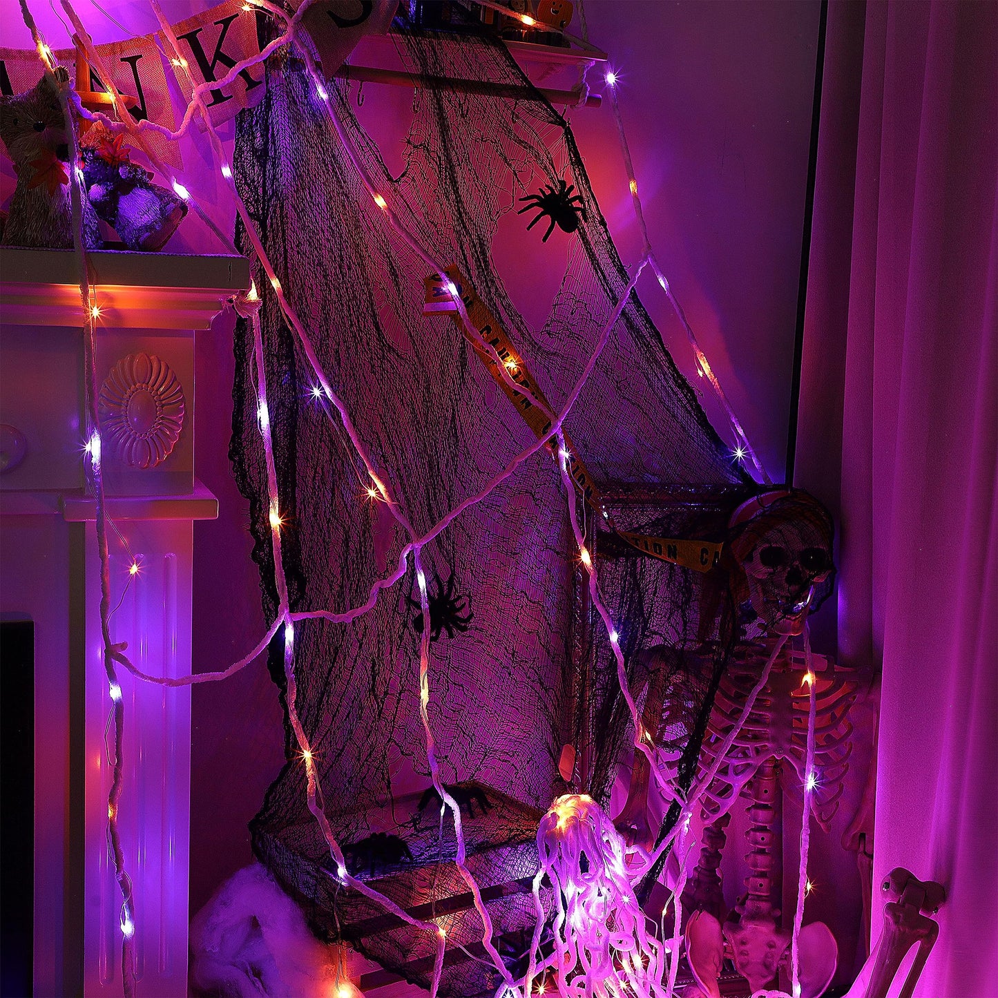 Joliyoou Halloween Decorations Outdoor, 200 LED Giant Spider Web Lights, 19.7ft x 16.4ft Spiderweb with Orange and Purple Lights, 8 Modes Remote Controlled Cobweb for Spooky Party Decor