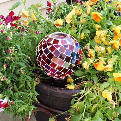 Sunnydaze Mosaic Glass Plant Watering Globe with Clay Spike - Decorative Self-Watering Planter Insert - Water Dripper for Plants - 9.5" - Magenta Medley
